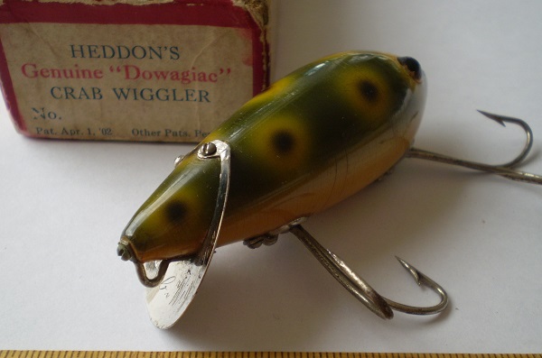 Original Heddon's Dowagiac Fishing Lures Reverse Painted Glass Sign